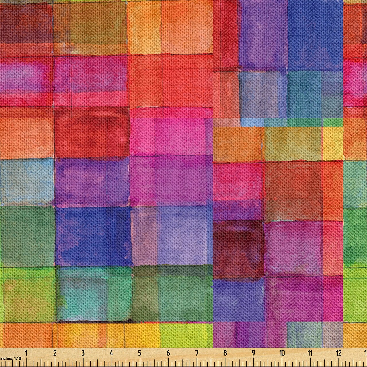 Ambesonne Abstract Fabric by The Yard, Rainbow Colored Geometric Square Shaped Blurry Effects Watercolor Design, Decorative Satin Fabric for Home Textiles and Crafts, 2 Yards, Multicolor